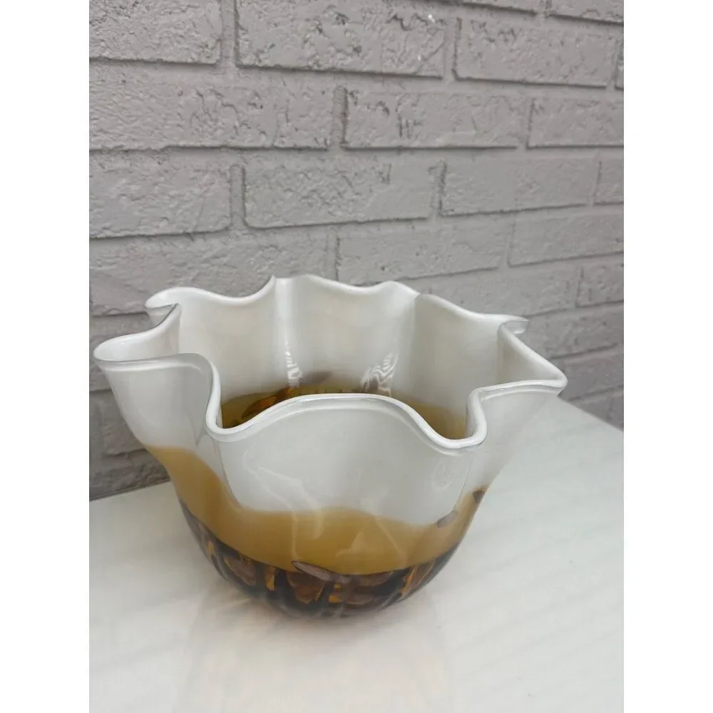 VTG Murano Art Glass White Amber Gold Flecks Large Bowl